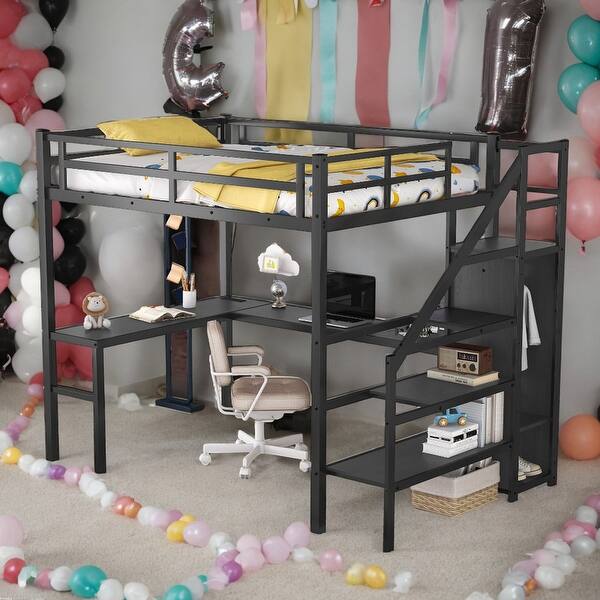 slide 2 of 16, Full Size LED Loft Bed with Desk and USB,Wardrobe,Adjustable Shelf Black