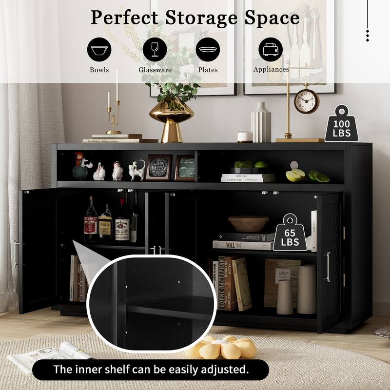 4 Door Sideboard with Open Storage and Adjustable Shelves