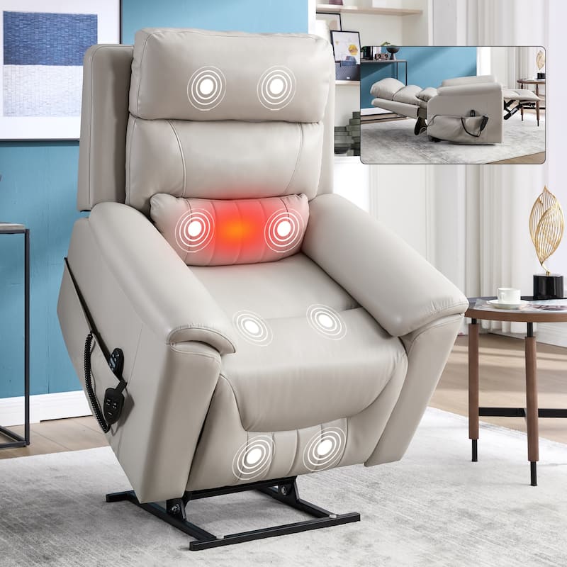 350 Lbs Leatherair Power Lift Recliner Chair, Heavy Duty Motion Mechanism With 8-Point Vibration Massage And Lumbar Heating - Beige