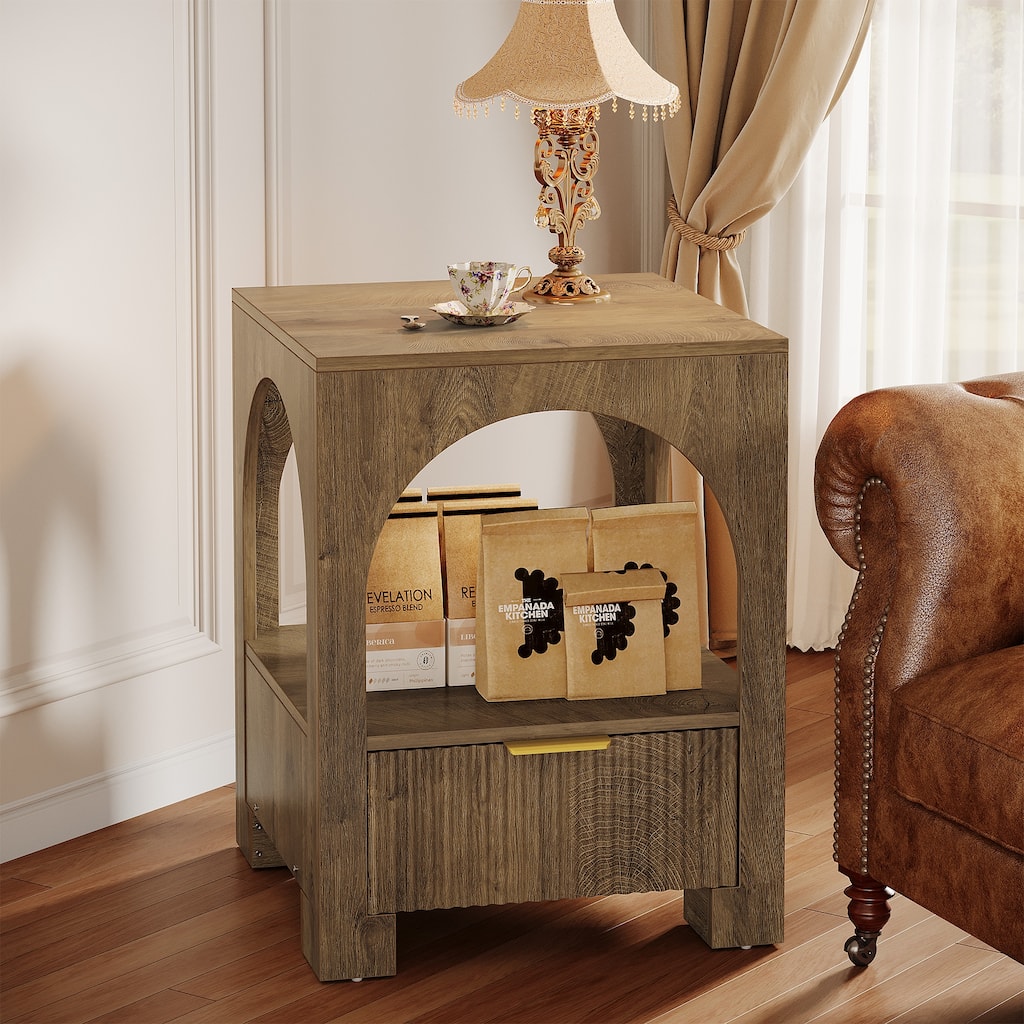 Wood Nightstand with Drawer & Open Shelf, 2-Tier Side Table, End Table, Bedside Table for Bedroom, Living Room