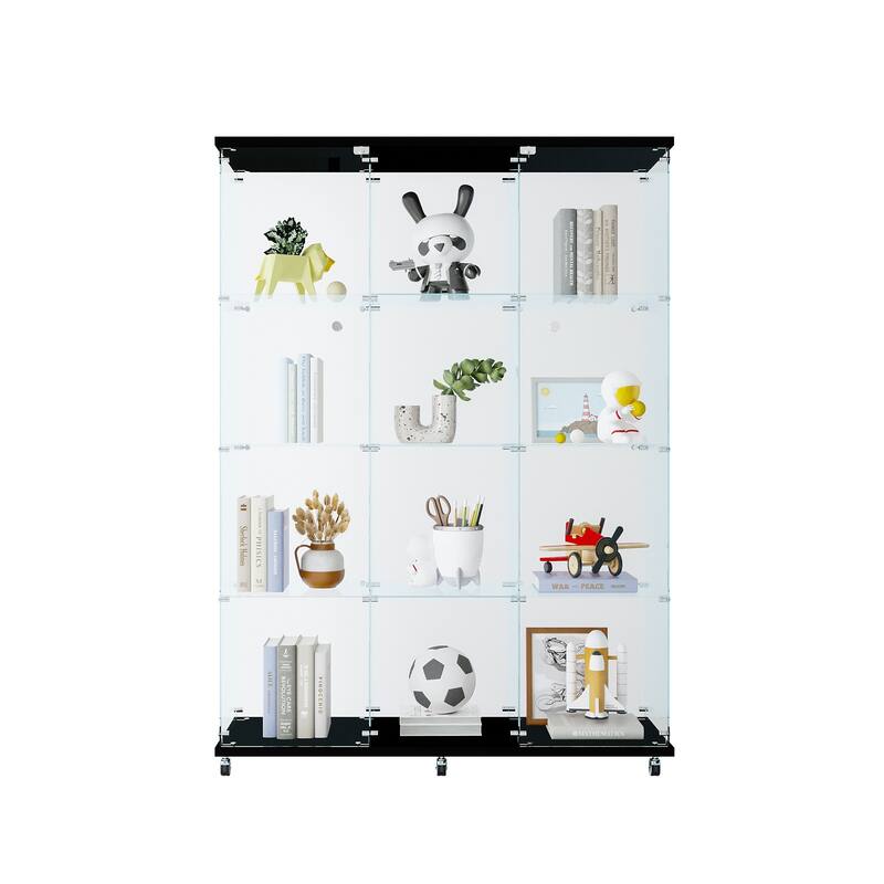 Glass Display Cabinet w/4 Shelves & Wheels, Floor Standing Glass Curio Cabinets for Living Room Bedroom Study or Collection Room