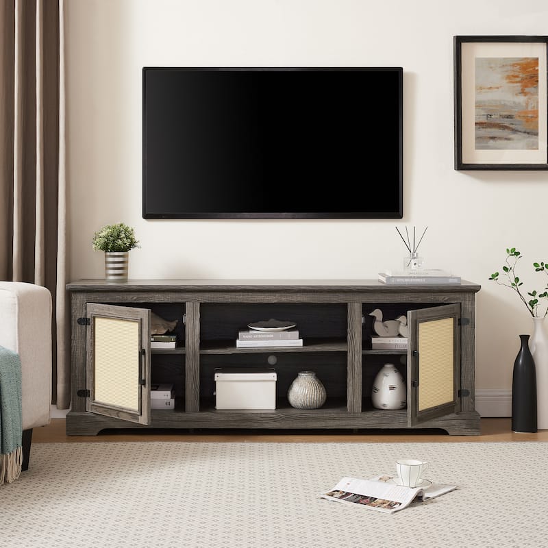 Rattan TV Stand Console Table for TVs up to 70 Inches,TV Console Table with 2 Shelves,2 Door Cabinets,65"W*15.55"D*23.86"H