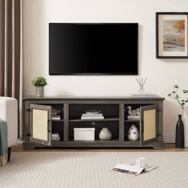 TV Stand for TVs up to 70" with Natural Rattan Doors, 2 Storage Cabinets, 3 Adjustable Shelves, Multifunctional Console Table