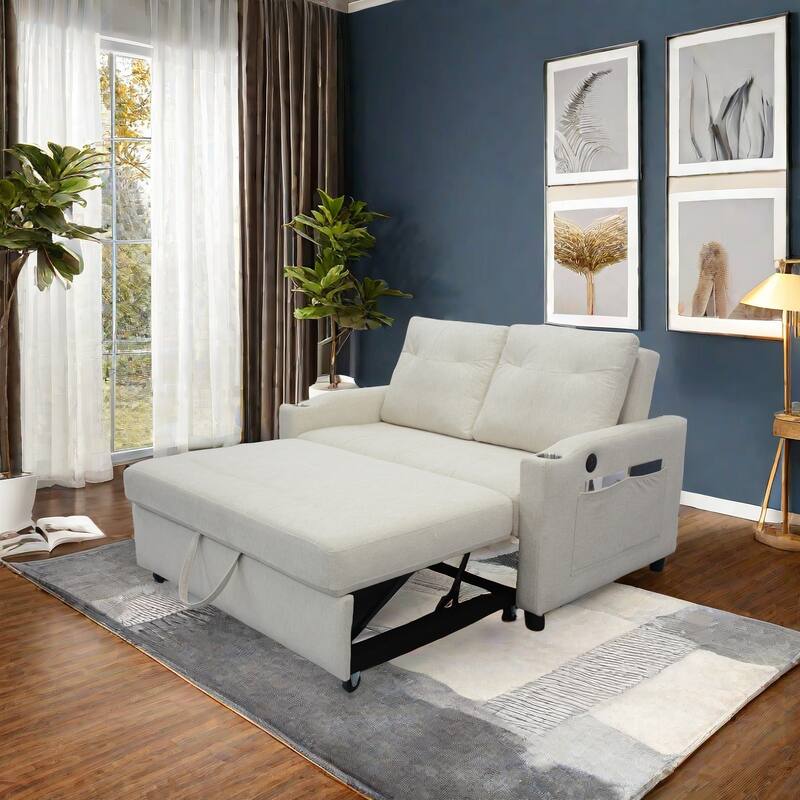 Lounge Sofa Loveseat Sofa Bed with USB Charging Port & Storage Pocket, Sleeper Couch with Reclining Backrest