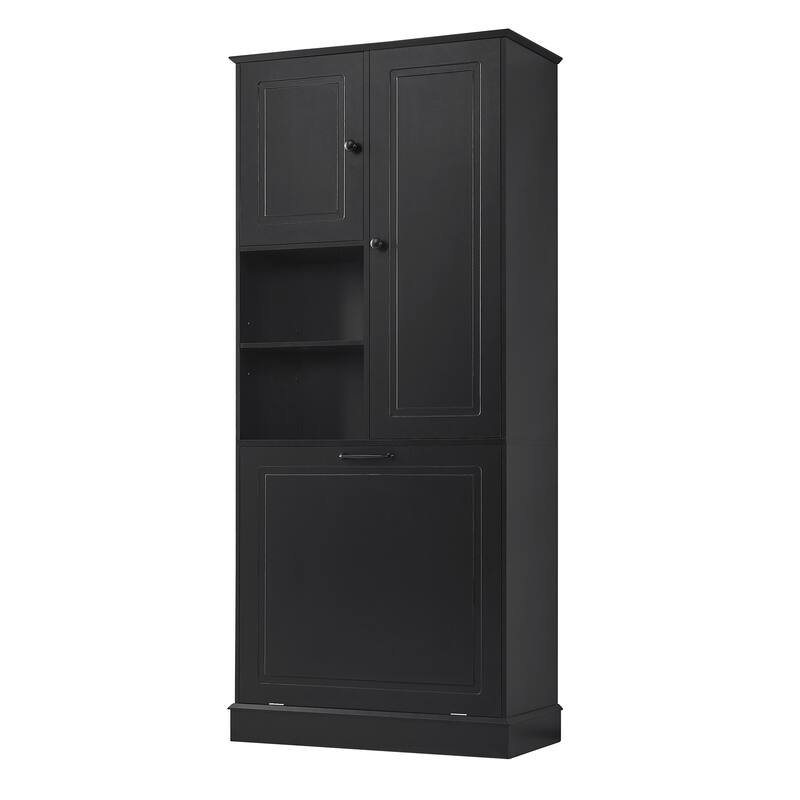Tall Storage Cabinet with Adjustable Shelves, Large Flip-Out Basket & Enclosed Cabinets