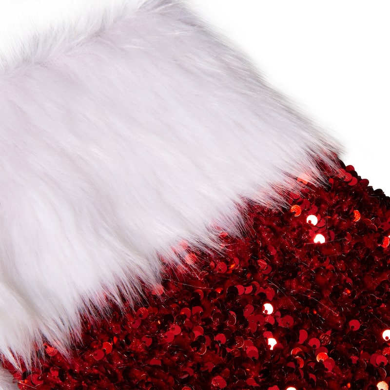 Glitzhome 21"L Red Sequin Christmas Stocking with Faux Fur Cuff