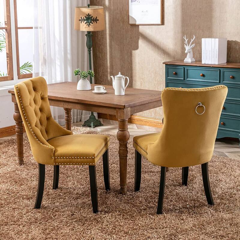 Set of 2 Velvet Dining Chairs – Tufted Upholstered Armless Accent Chairs with Nailhead Trim & Back Ring Pull
