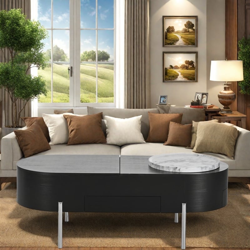 47" MDF Hydraulic Lift-Top Coffee Table - 5 Hidden Storage Compartments & Rotating Tray