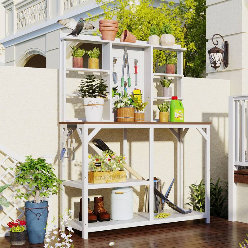 Wooden Outdoor Potting Table with 6-Tier Shelves