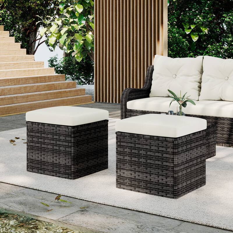 Outdoor Patio PE Wicker Ottoman with Cushion Set of 2 - Beige/Grey rattan