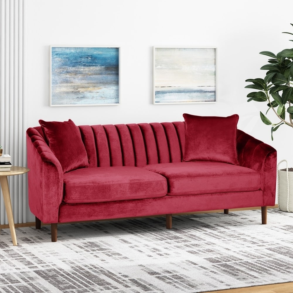 Roomfitters Modern Velvet 3-Seater Sofa with Channel Tufting and Plush Cushions for Living Room