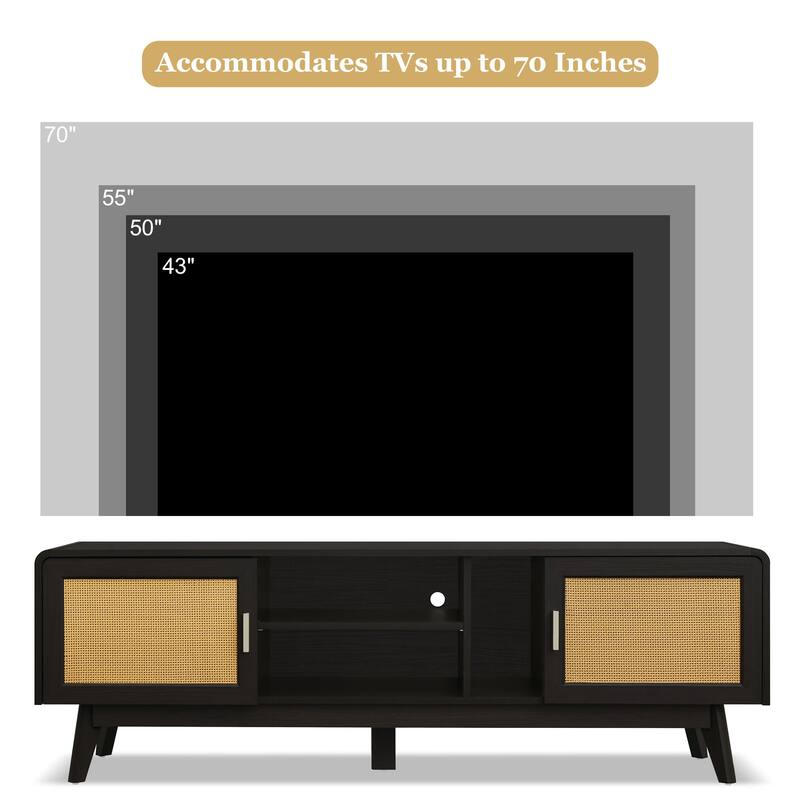 Dark Rattan TV Stand with 2 Storage Cabinets for 65 Inch TV, Entertainment Center with Solid Wood Legs, Media Console Table