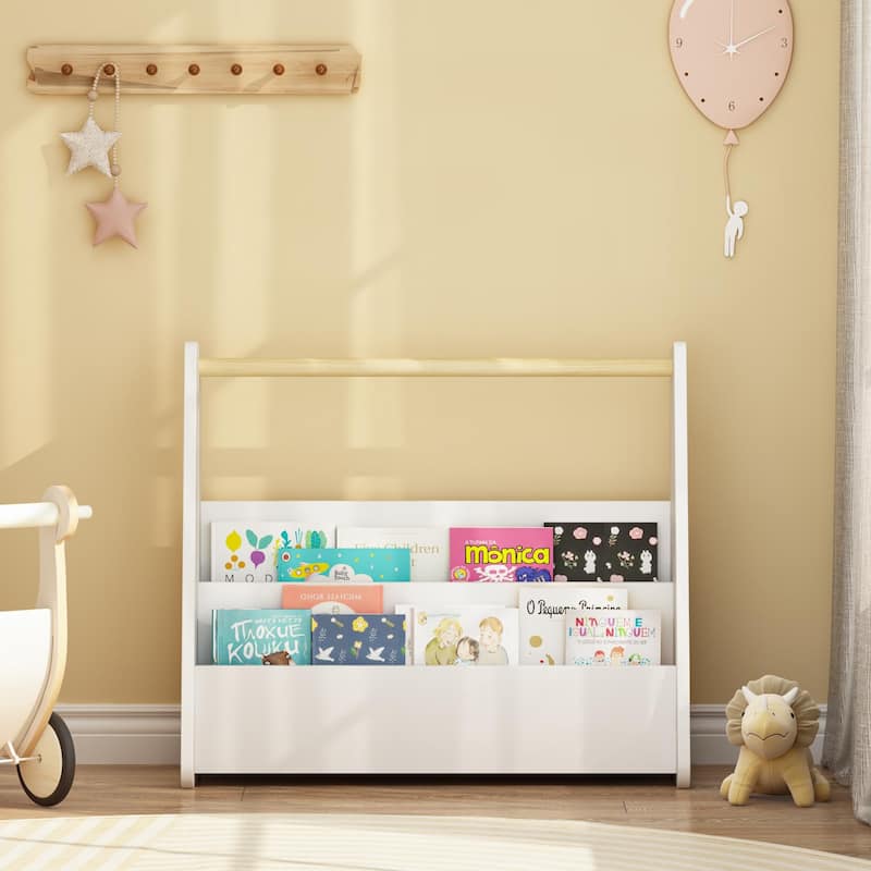 Kids Bookshelf with Wooden Handle, 2-Tier Front-Facing Toddler Bookcase, Portable Children's Book Storage Organizer for Bedroom