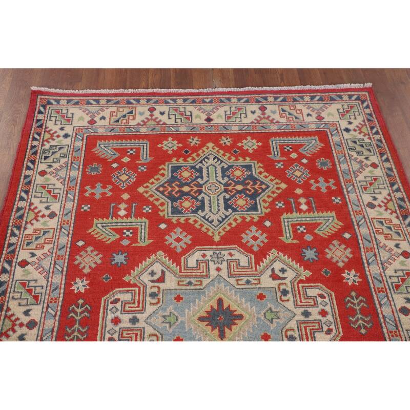 Geometric Kazak Accent Rug Handmade Wool Carpet - 4'2" x 5'9"
