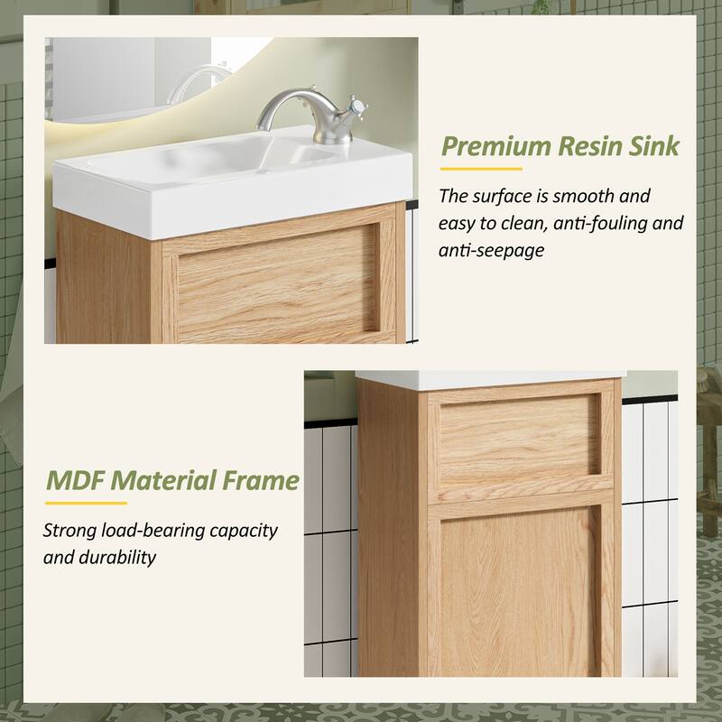 15.75"Bathroom Vanity with Reversible Resin Sink, MDF Cabinet with Adjustable Shelf and Push-to-Open Door, Reversible Door