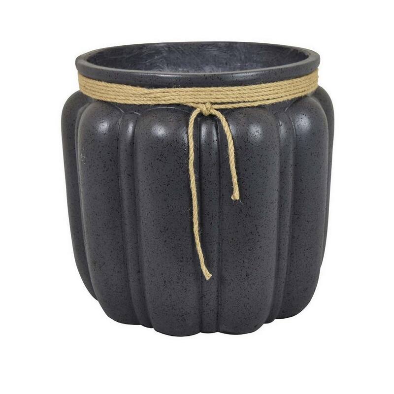 Rave 17 Inch Planter Pumpkin Like Shape and Rope Details, Black Resin