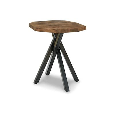 28 Inch End Table, Starburst Top, Black Metal, Live Edge Brown Acacia Wood