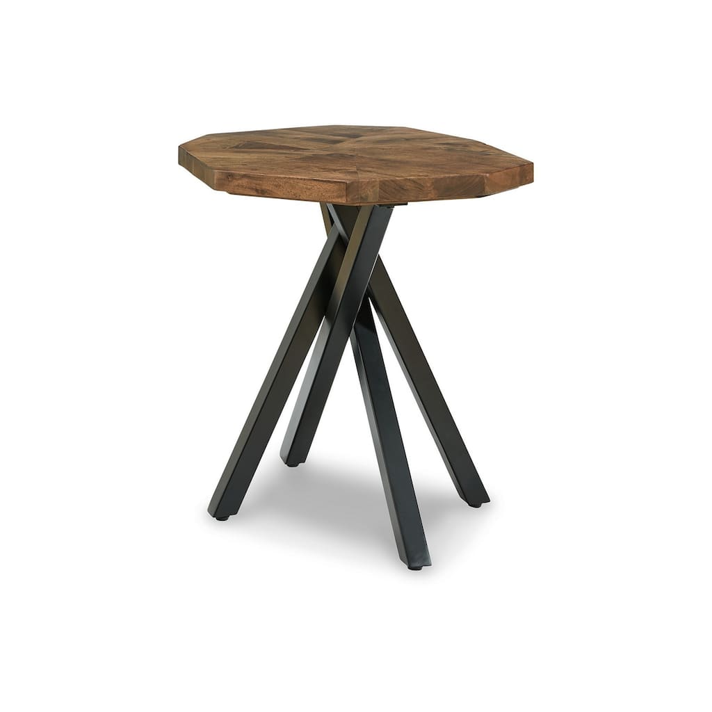 28 Inch End Table, Starburst Top, Black Metal, Live Edge Brown Acacia Wood