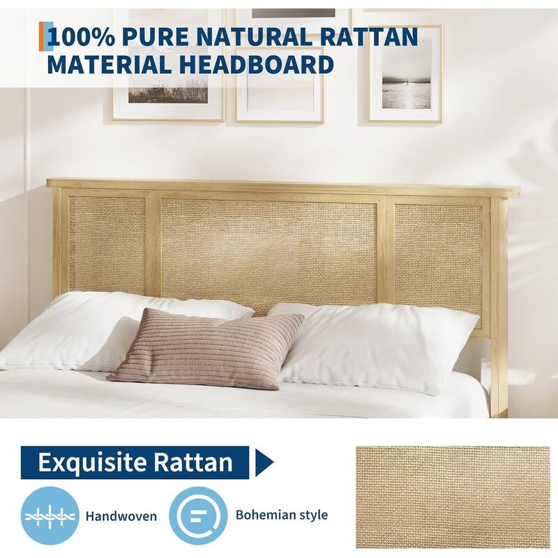 Boho-Style Platform Bed Frame with Natural Rattan Headboard, 4 Drawers, No Box Spring Required