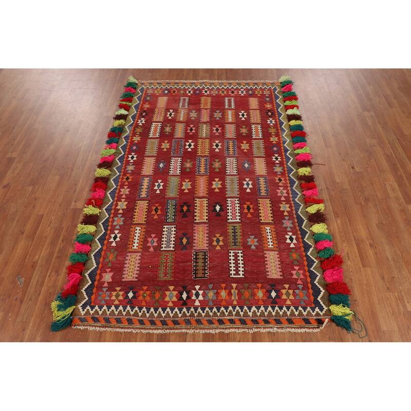 Kilim Qashqai Persian Vintage Rug Hand-Woven Geometric Wool Carpet - 4'6"x 7'7"