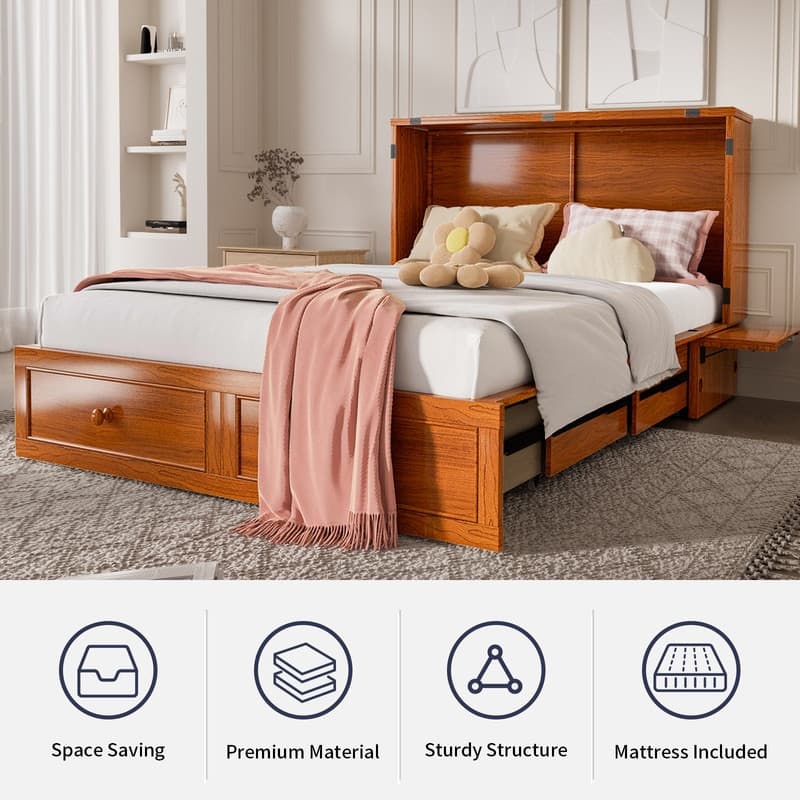 Mixoy Queen Size Murphy Bed Chest with Mattress and Storage