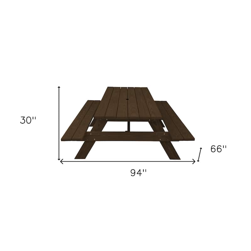 HomeRoots 94" Dark Brown Solid Wood Outdoor Picnic Table with Umbrella Hole
