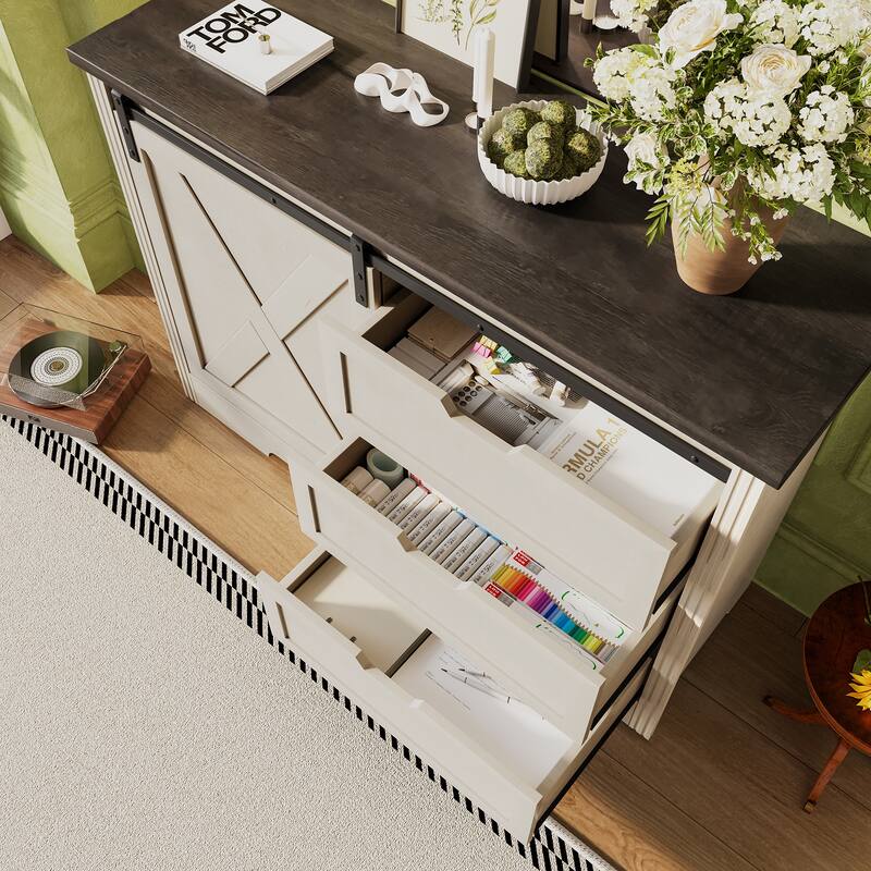 GDFStudio - Carlan Farmhouse Storage Cabinet with Sliding Barn Doors and 3 Drawers, Multi-Functional Sideboard for your house