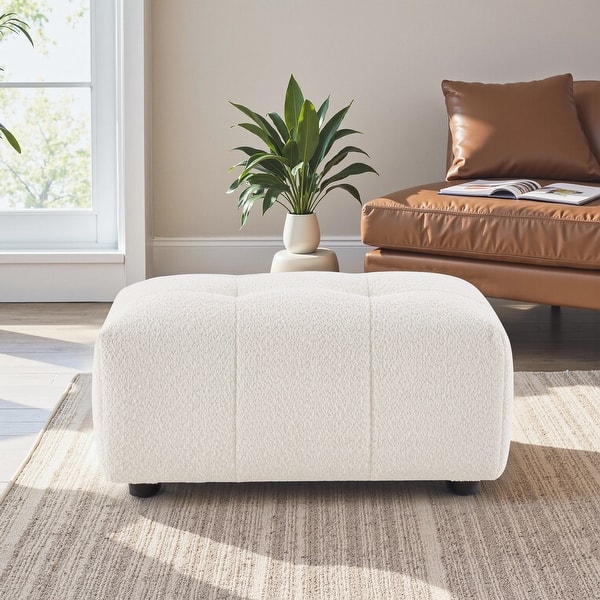 slide 2 of 4, Konset Stylish Bouclé Ottoman with Biscuit Tufting & Soft Curves Ivory Boucle