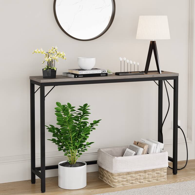 Console Table with Outlets, Narrow Sofa Table with Charging Station