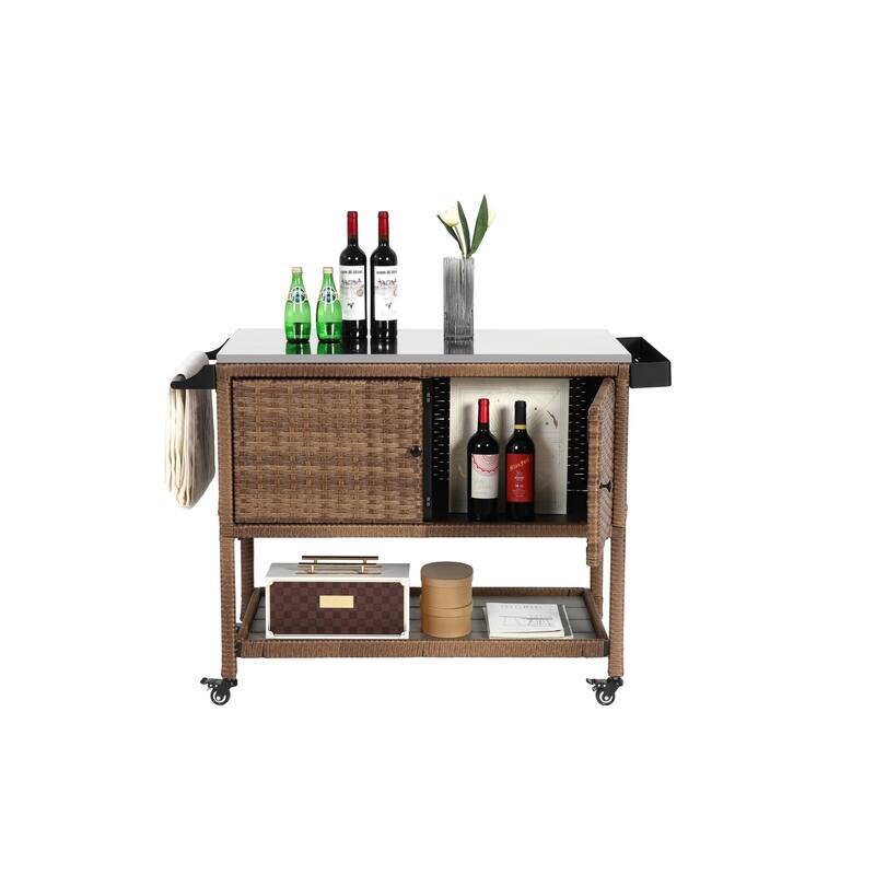 Outdoor Wicker Bar cart, Patio Wine Serving cart w/Wheels, Rolling Rattan Beverage Bar Counter Table w/Glass Top