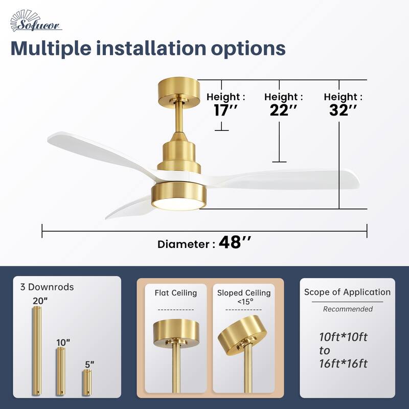 Sofucor 48 Inch Ceiling Fan with Light and Remote,Solid Wood Blades Low Profile,Smart Optional Work with Alexa/Google/App