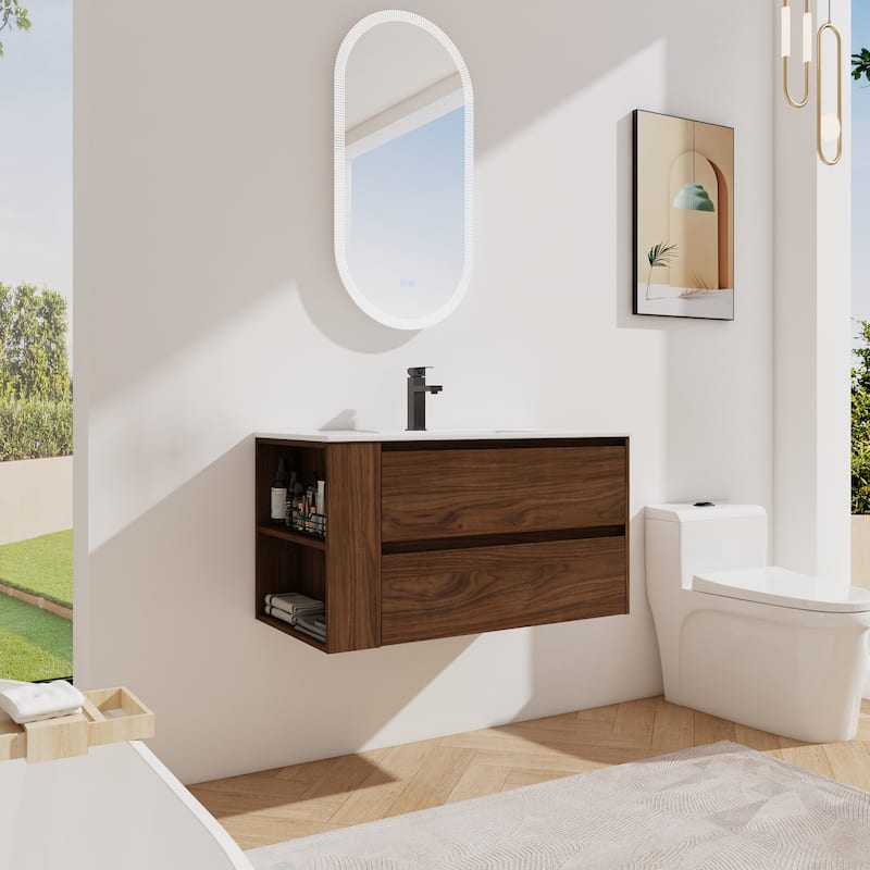 36" Wall Mounting Bathroom Vanity With Ceramic Sink, Soft Close Drawer