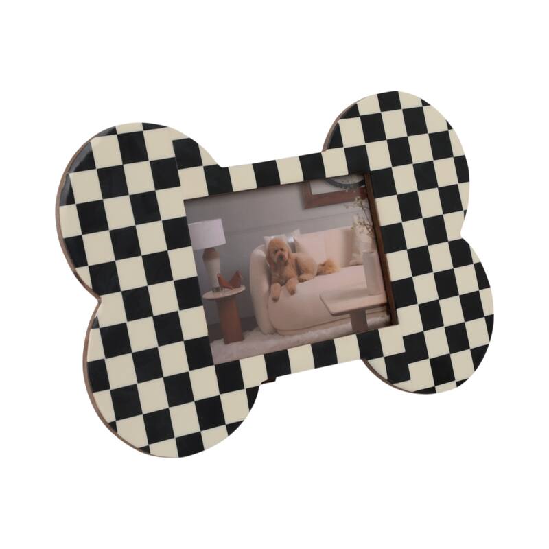 Resin Wood Glass Photo Frame Dog Bone Shape Checkerboard - 9" Ivory