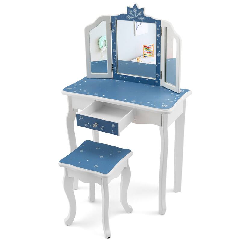 Gymax Kid Vanity Set Wooden Makeup Table Stool Tri-Folding Mirror
