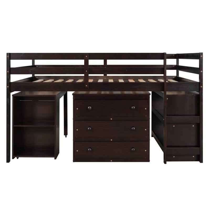 Full Size Loft Bed with Storage Drawers and Rolling Desk, Pine Wood Frame