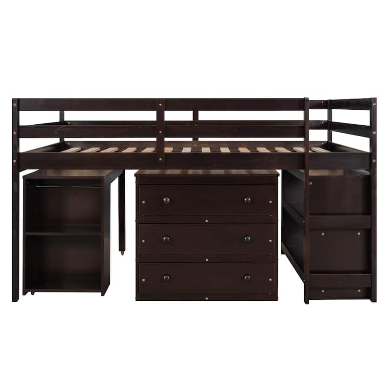 Low Loft Bed with Cabinet Shelves and Rolling Portable Desk