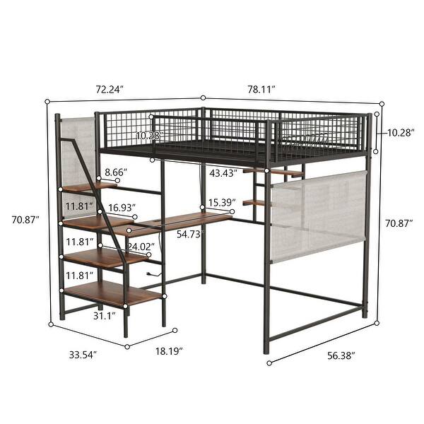 dimension image slide 1 of 2, Full Size Loft Bed with Built-in Charging Station & LED Lighting, Heavy-Duty Metal Loft Bed Frame with Desk & Safety Guardrails