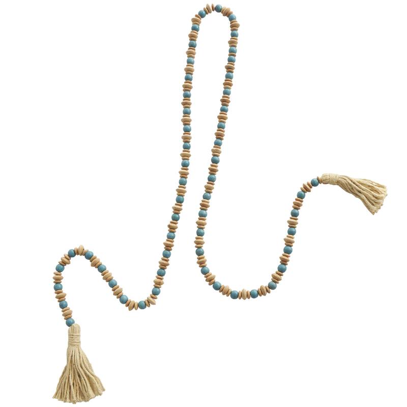 Mango Wood Handmade Round Long Carved Beaded Garland with Tassel with Brown Beaded Disks - Teal - Roche River Decor