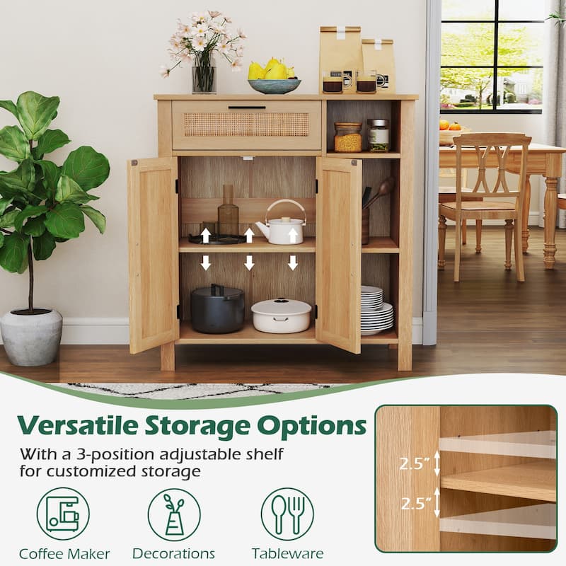 Natural Rattan Buffet Sideboard with Drawer and Cabinet Modern Storage Console Table for Living Room or Dining Room