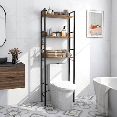 3-Tier Over-The-Toilet Bathroom Storage Rack Rustic Brown Wood and Steel Organizer with Hooks - 23.5" x 9.5" x 68" (L x W x H)