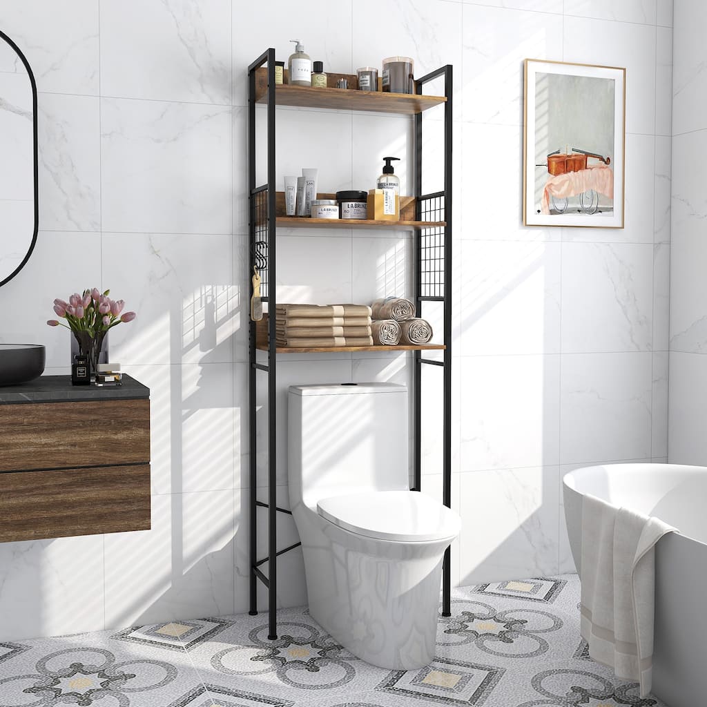 3-Tier Over-The-Toilet Bathroom Storage Rack Rustic Brown Wood and Steel Organizer with Hooks - 23.5" x 9.5" x 68" (L x W x H)