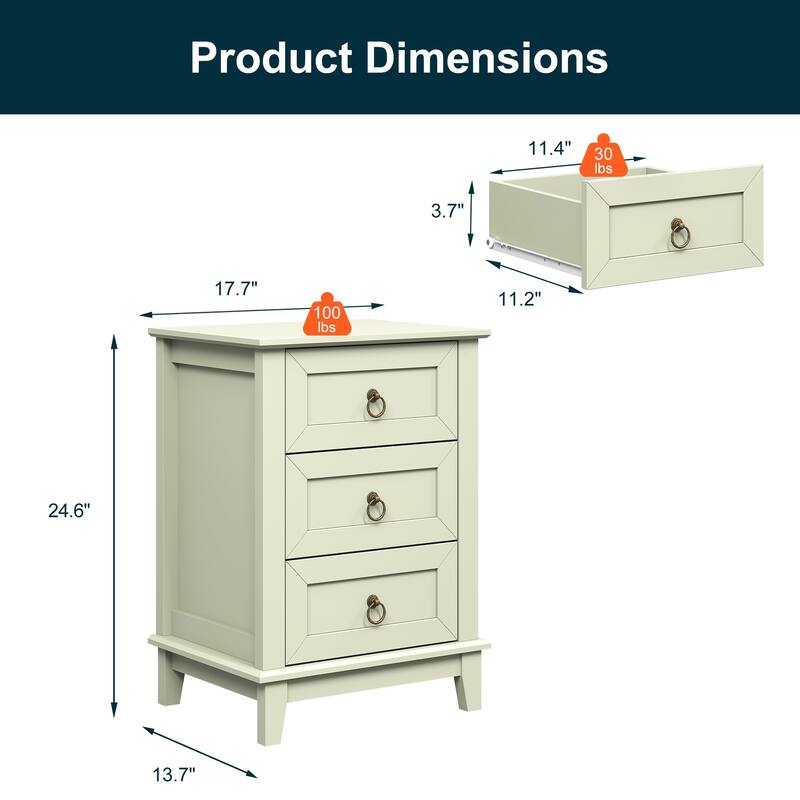 Modern 3-Drawer Wooden Nightstand, Tall & Narrow