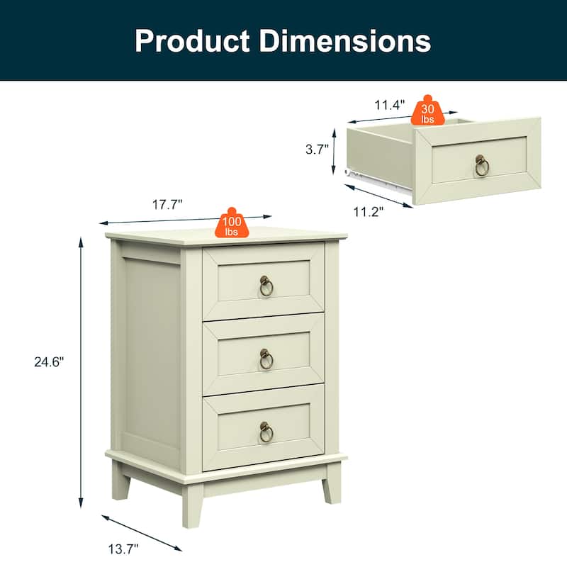 Modern 3-Drawer Wooden Nightstand Set of 2