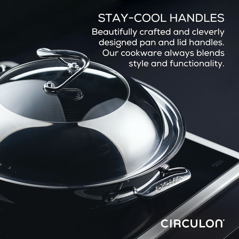 Circulon Clad Stainless Steel Induction Wok with Glass Lid and Hybrid SteelShield and Nonstick Technology, 14-Inch, Silver