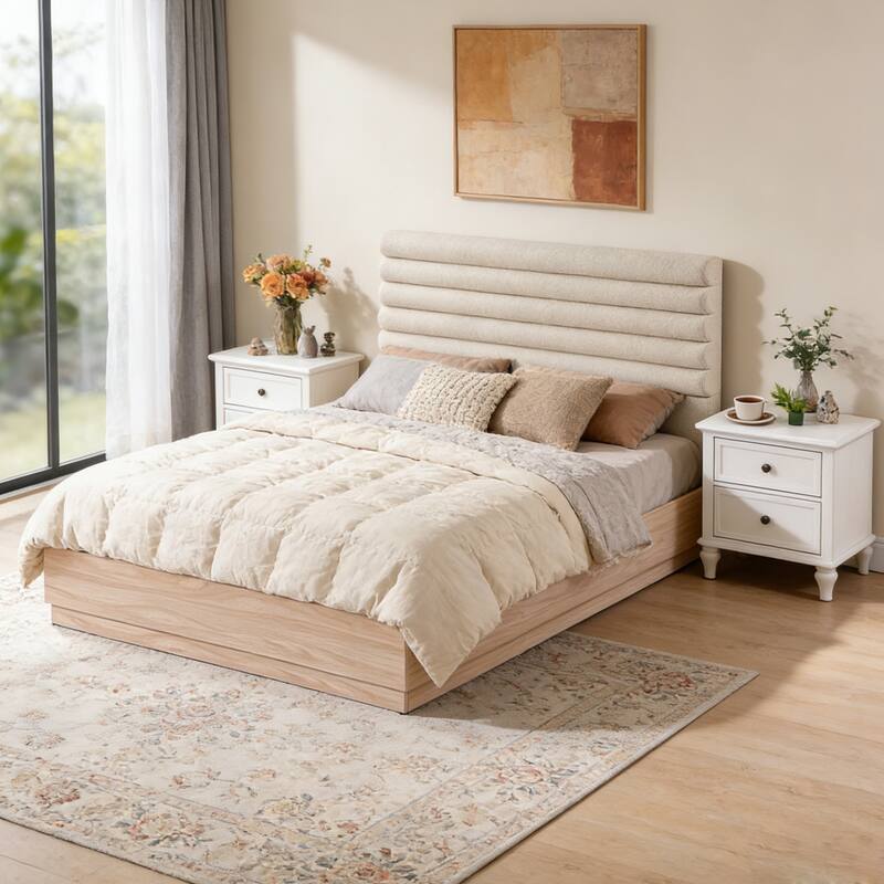 Roomfitters Queen Wood Platform Bed Frame with Taupe Boucle Upholstered Headboard and Natural Finish Foundation, Taupe