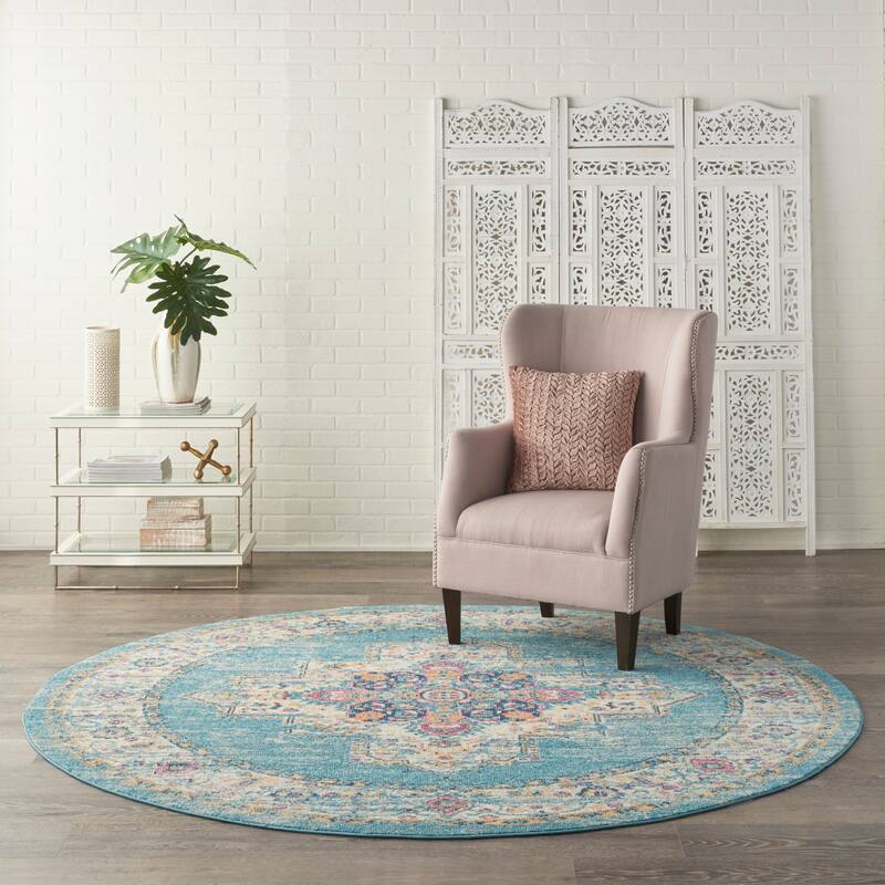 Porch & Den Dobbin Vintage Persian Medallion Farmhouse Area Rug - 8' Round - Light Blue