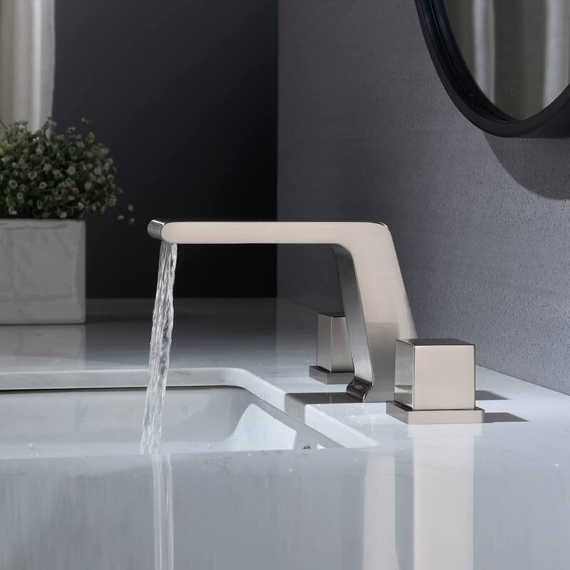 Brushed Nickel 3 holes two handles Waterfall bathroom Sink Faucet with brass pop up overflow Drain