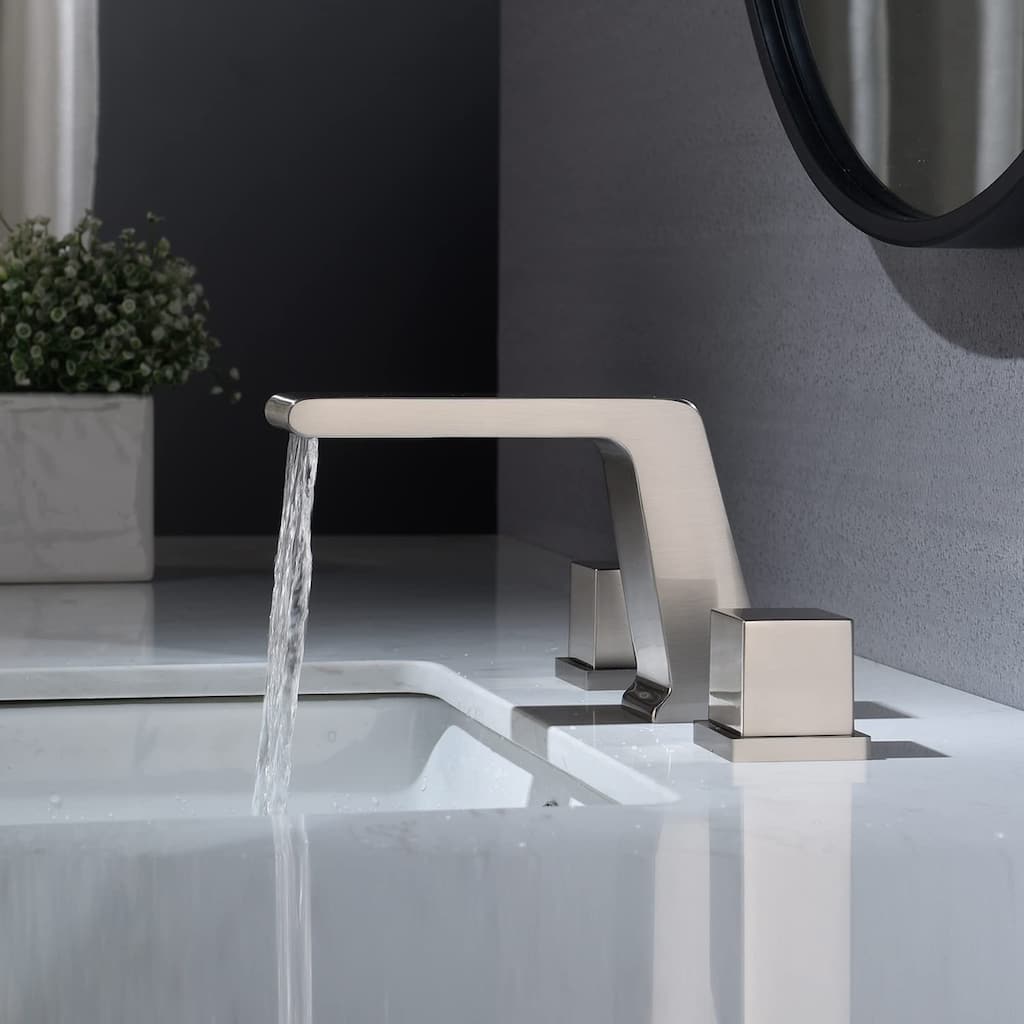 Brushed Nickel 3 holes two handles Waterfall bathroom Sink Faucet with brass pop up overflow Drain
