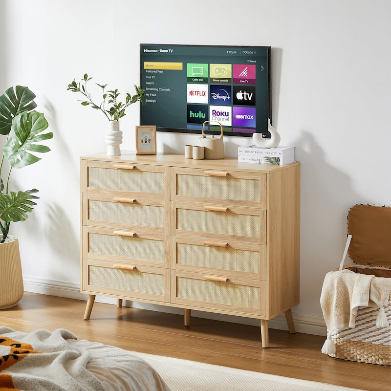 Bedroom dresser,8 Double Dresser with rattan drawers, wood chest of drawers, 47.2''W x 15.8''D x 37.4''H