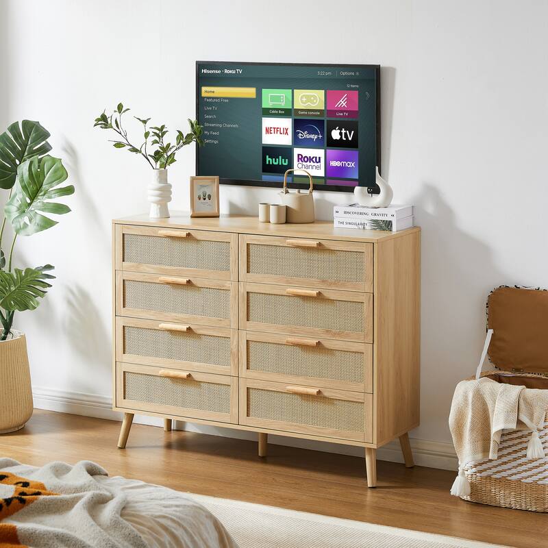 Modern Stylish Double Dressing Drawers with 8 Rattan Drawers, for Childrens Room Living Room Entryway Hallway